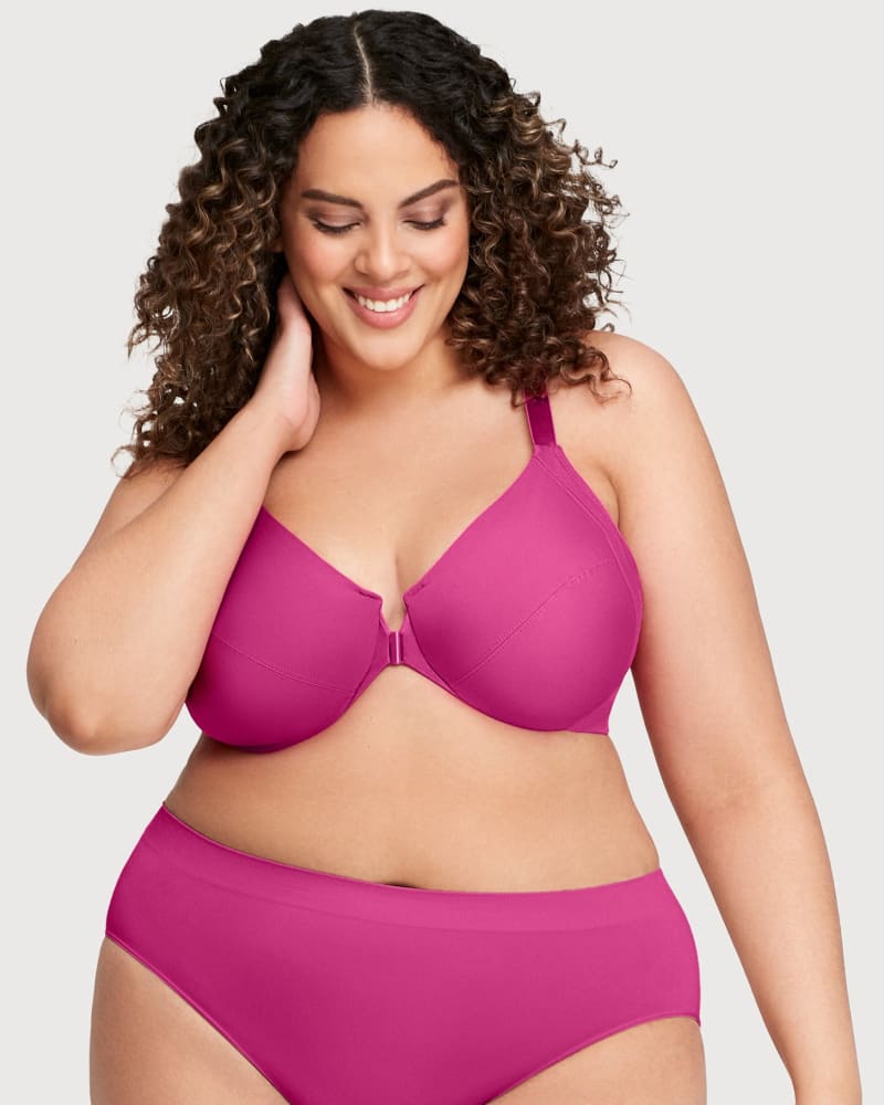 Front of a model wearing a size 46H Front-Closure Smoothing WonderWire Bra in Berry by Glamorise. | dia_product_style_image_id:262896